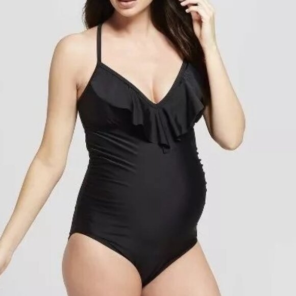 Flounce Ruffle V-Neck One Piece Maternity Swimsuit by Ingrid & Isabel Black NWT - Picture 2 of 11